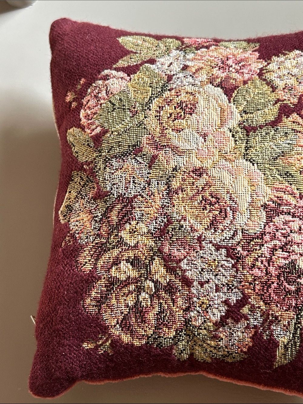Vintage Floral Tapestry Accent Pillow in Burgundy